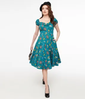 1950s Teal Dart Board Keep Em Flying Cotton Swing Dress