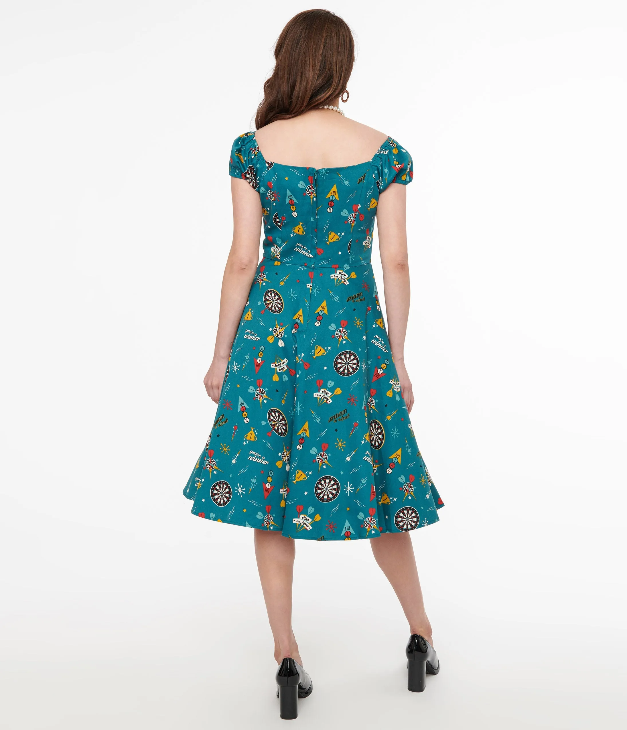 1950s Teal Dart Board Keep Em Flying Cotton Swing Dress