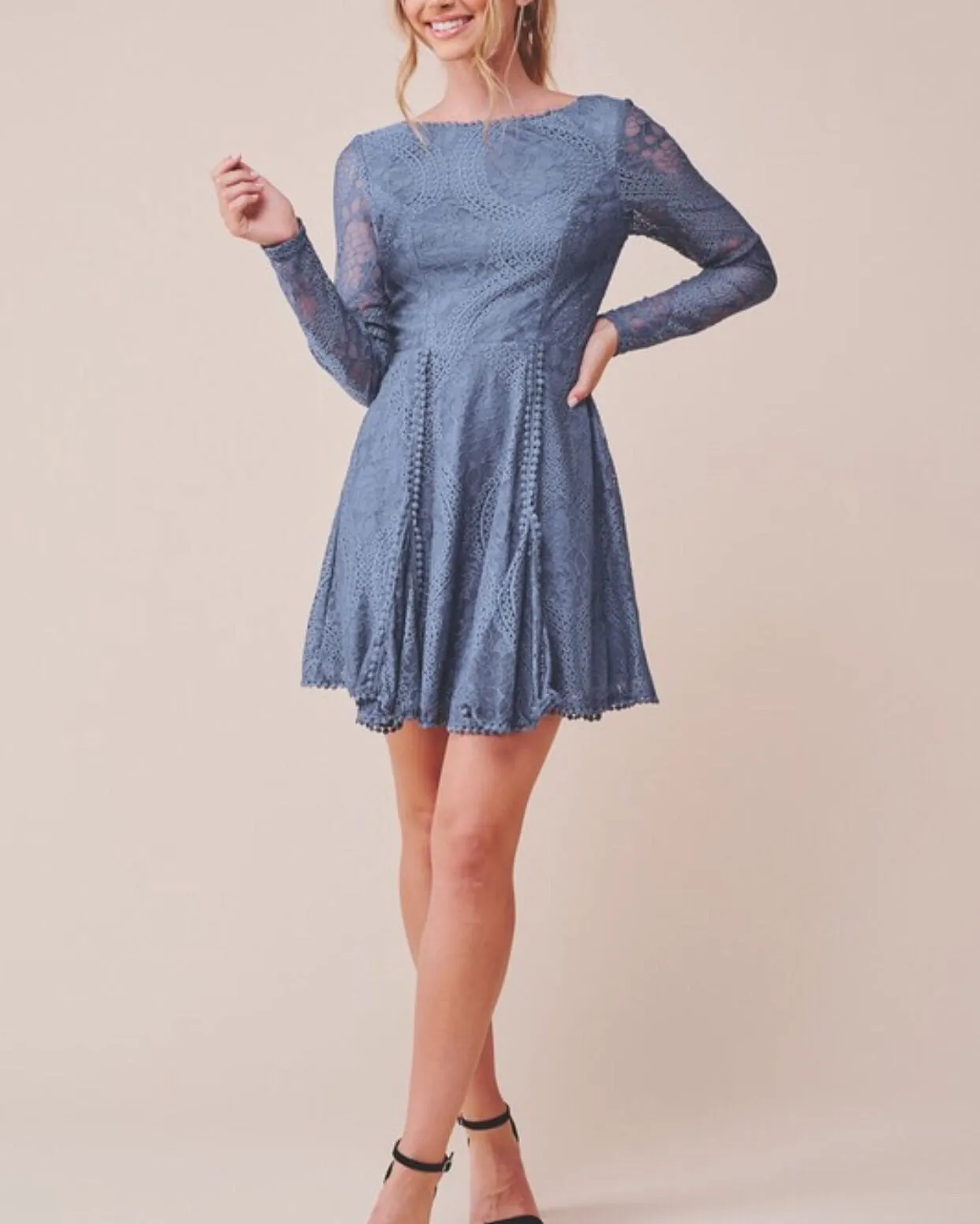 Abigail blue lace long sleeve backless fit and flare dress