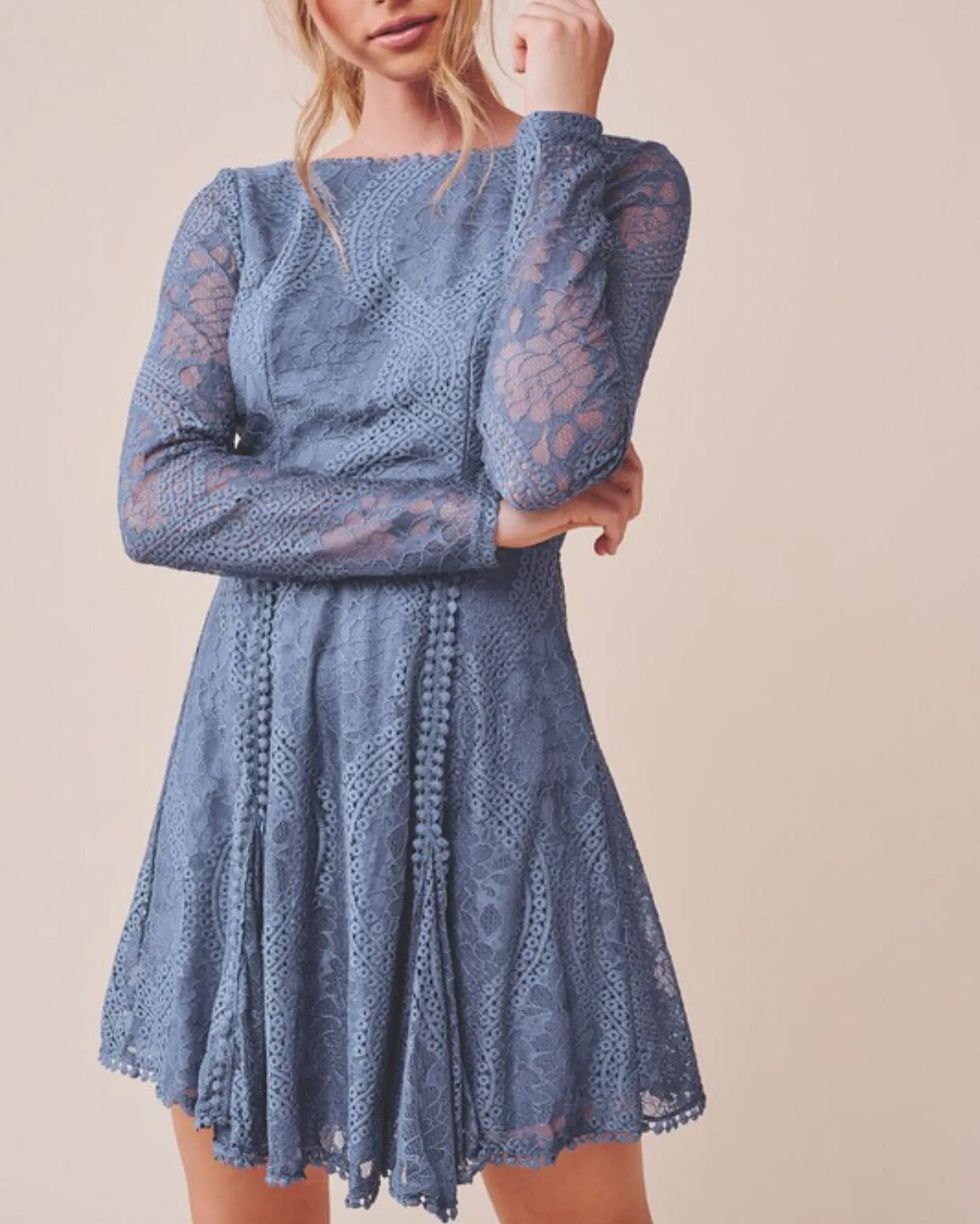 Abigail blue lace long sleeve backless fit and flare dress