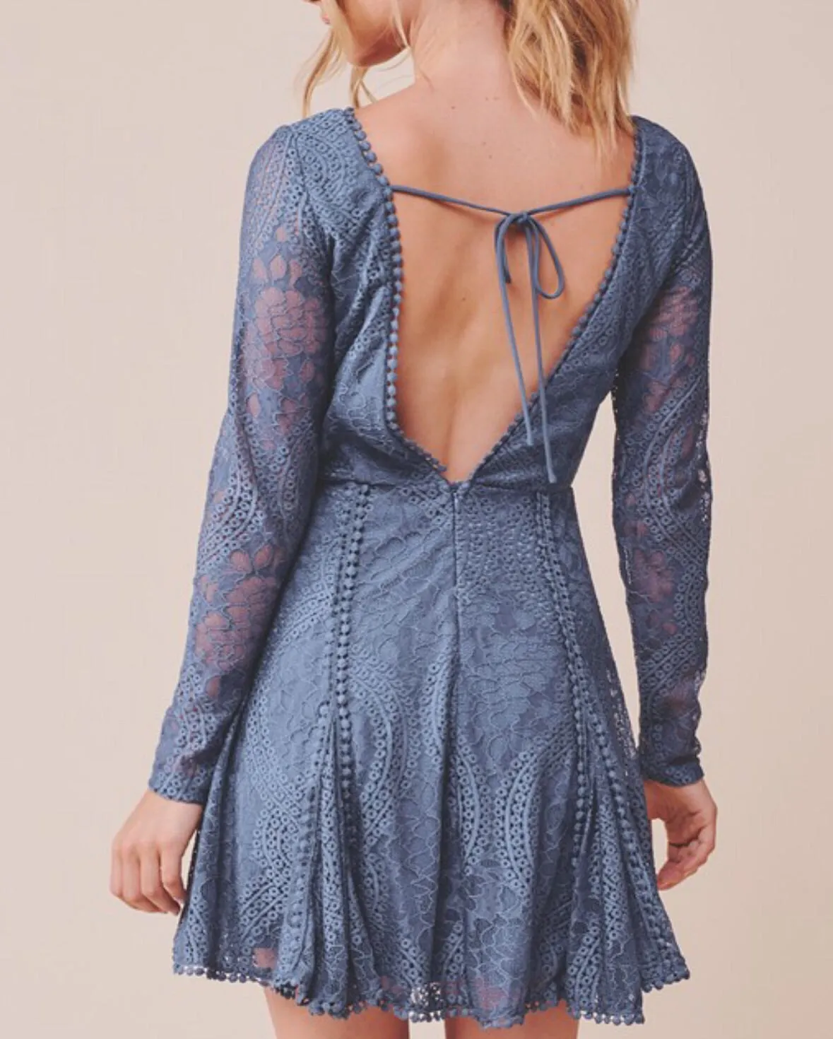 Abigail blue lace long sleeve backless fit and flare dress