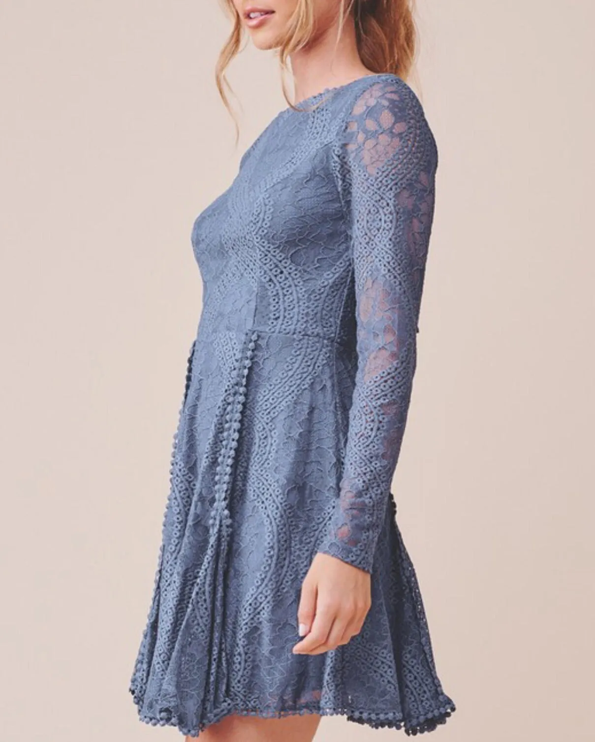 Abigail blue lace long sleeve backless fit and flare dress