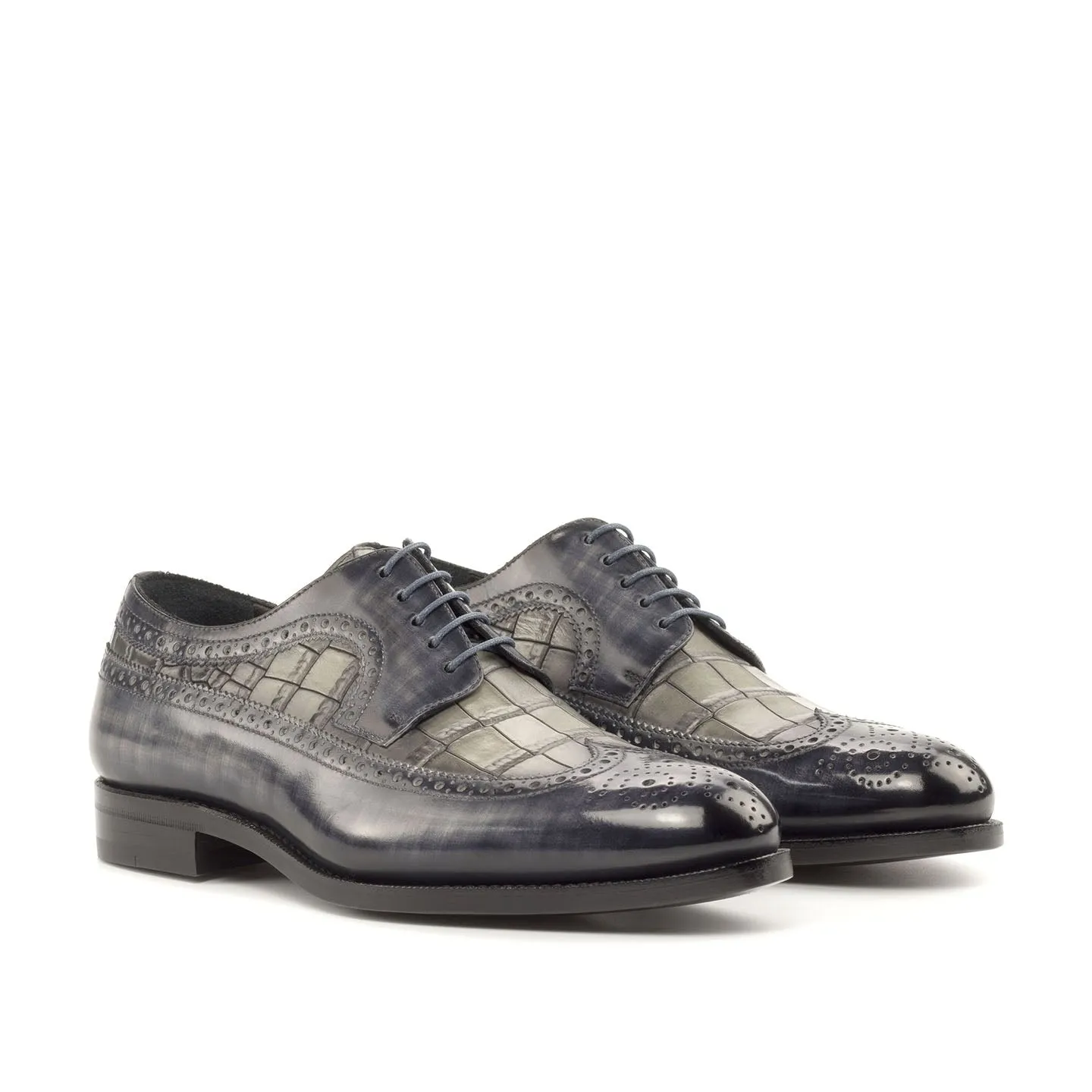 Ambrogio Bespoke Men's Shoes Gray Crocodile Print / Patina Leather Longwing Blucher Oxfords (AMB2244)