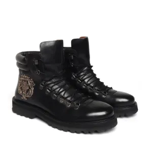 Black Lace-Up Chunky Boot With Zardosi Lion