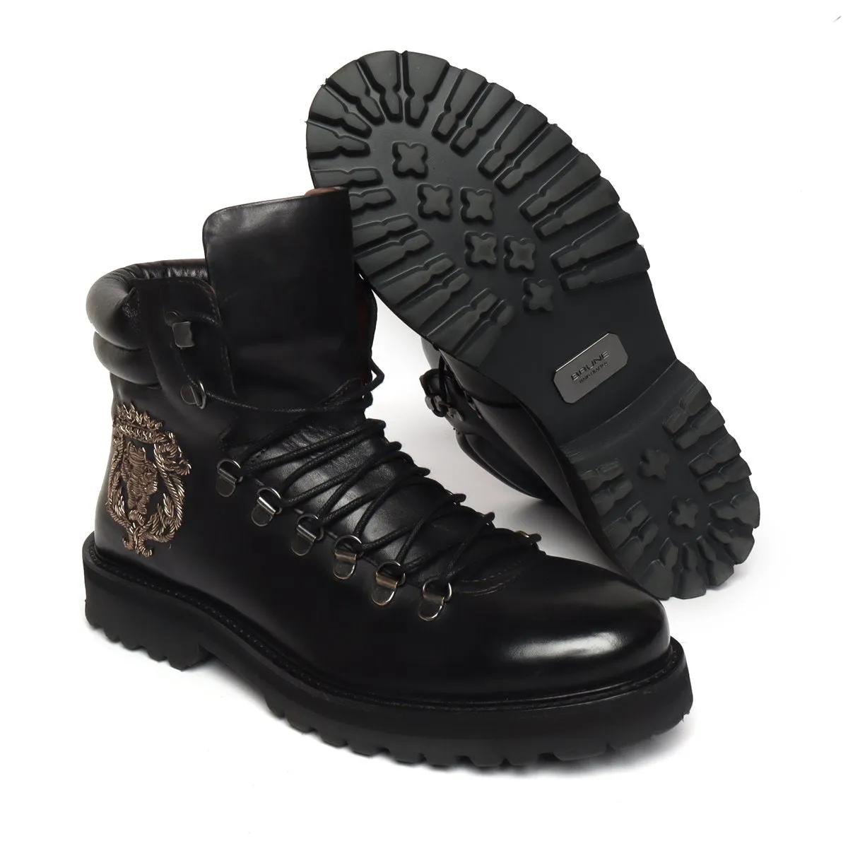 Black Lace-Up Chunky Boot With Zardosi Lion