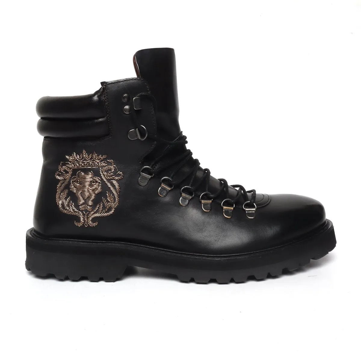 Black Lace-Up Chunky Boot With Zardosi Lion