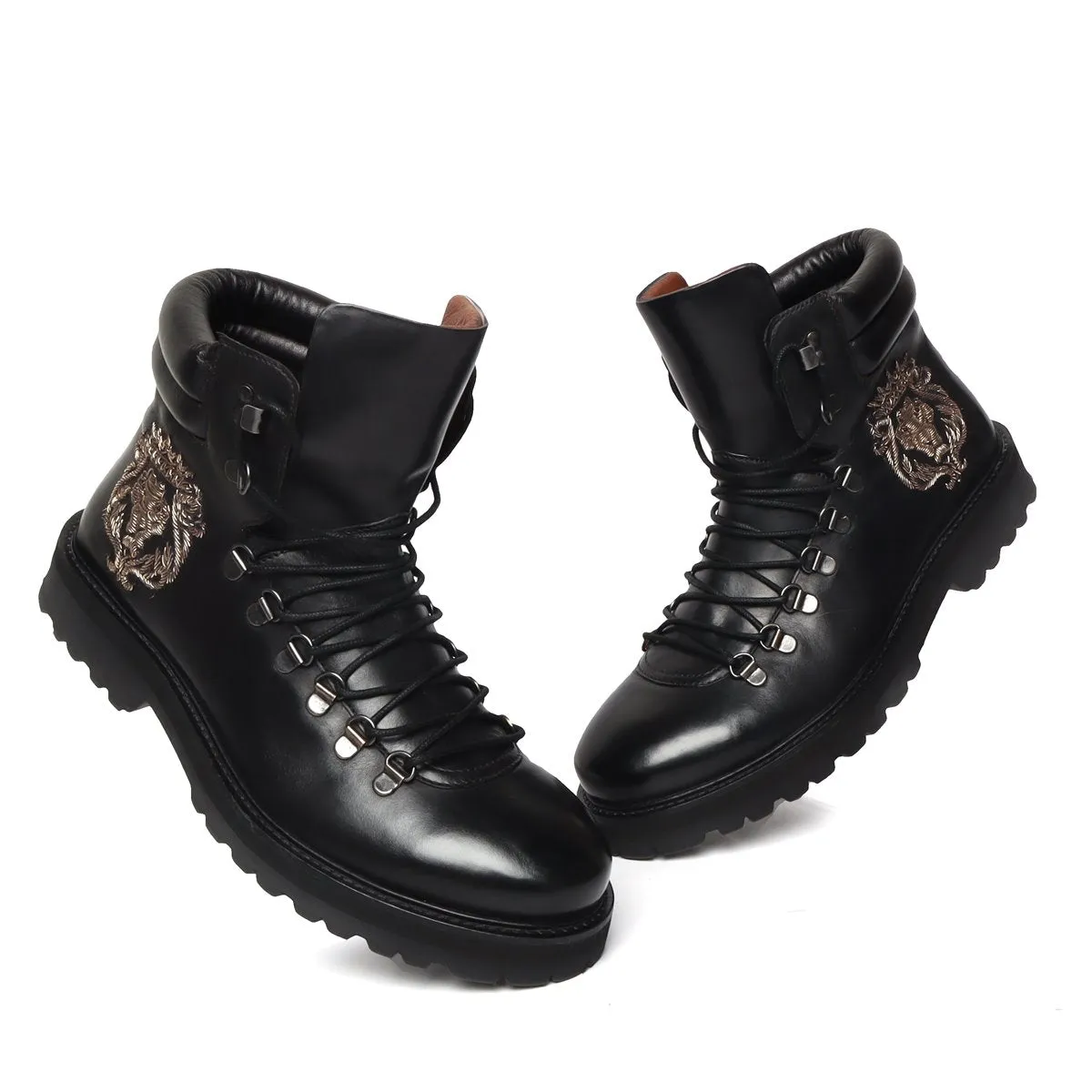 Black Lace-Up Chunky Boot With Zardosi Lion