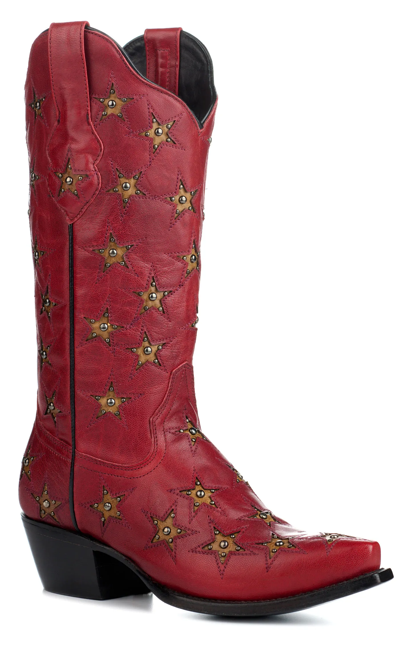 Black Star Women's Marfa Red with Dark Gold Star Inlays Snip Toe Cowboy Boots