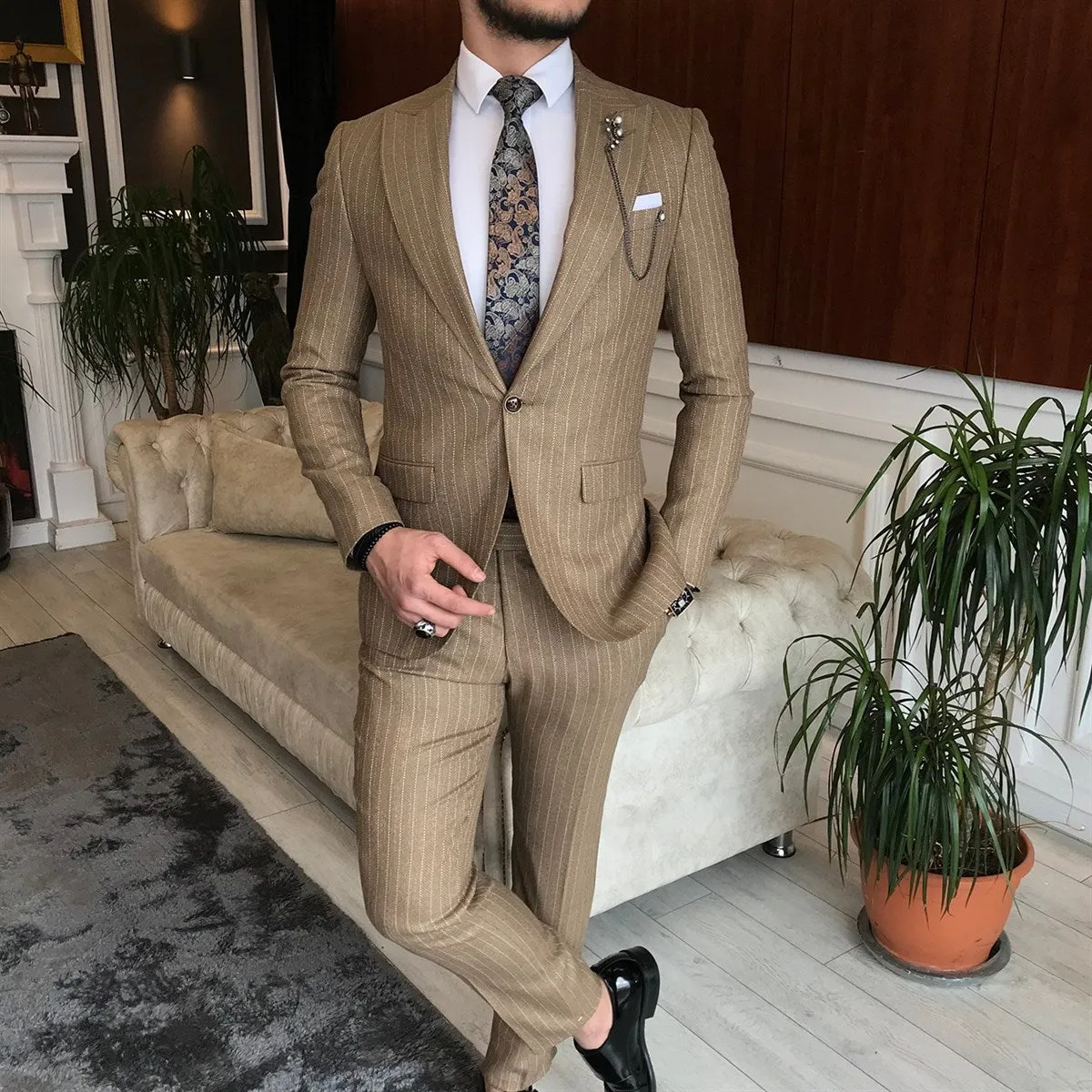 Bojoni Camel Striped Slim-Fit Suit 2-Piece