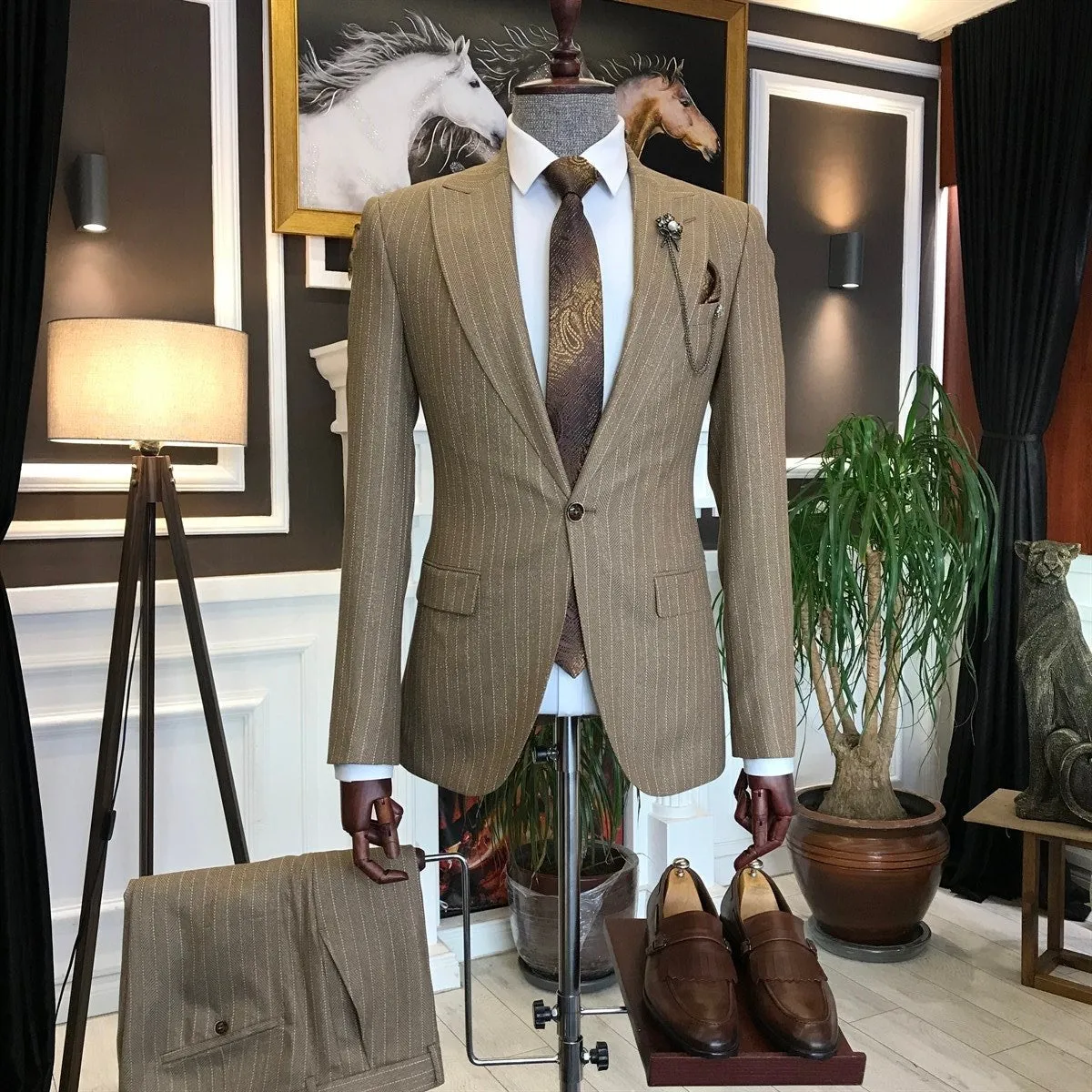 Bojoni Camel Striped Slim-Fit Suit 2-Piece