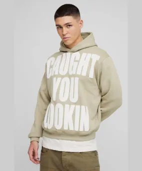 boohoo Mens Boxy Caught You Lookin Puff Print Hoodie