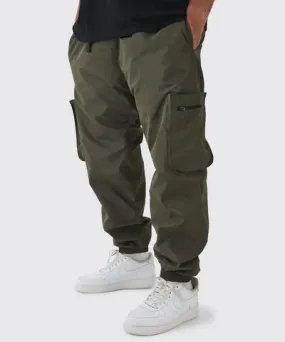 boohoo Mens Plus Cuffed Hem Nylon Cargo Pants In Khaki