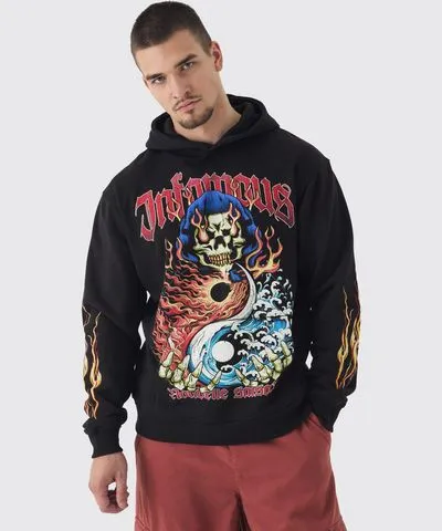 boohoo Mens Tall Infamous Flame Print Oversized Hoodie