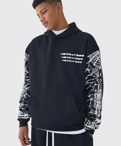 boohoo Mens Tall Oversized Boxy Sleeve Print Hoodie