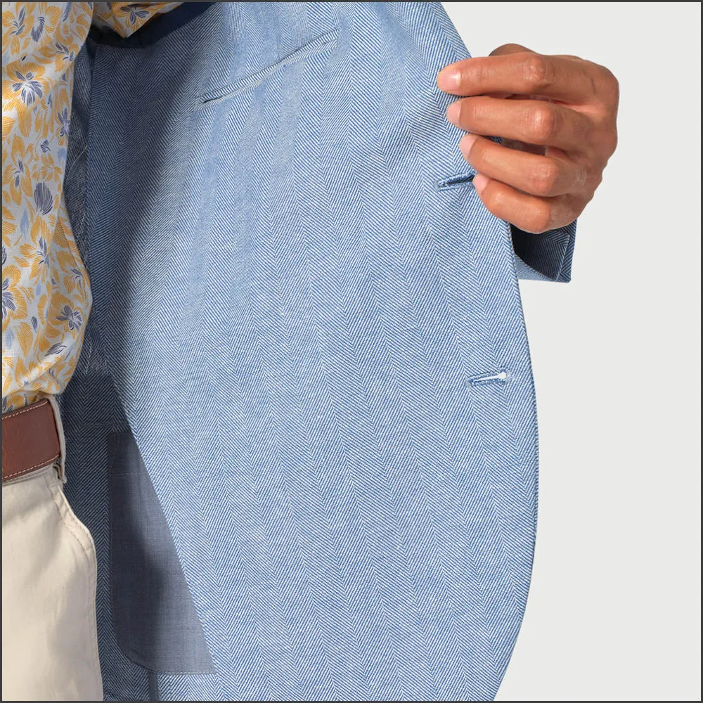 Brook Taverner Doherty Sky Blue Cotton Linen Herringbone Jacket-