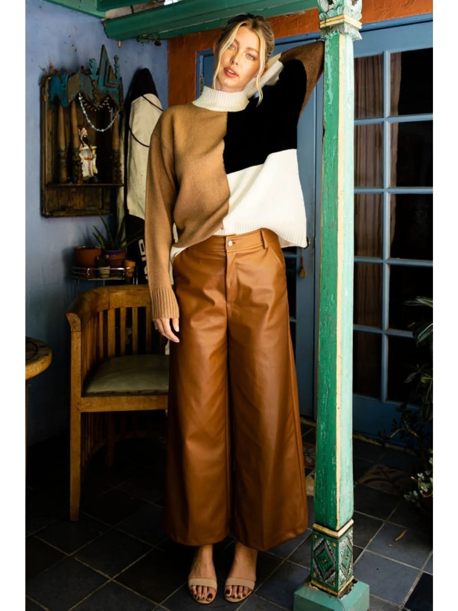 Camel faux leather wide leg pants