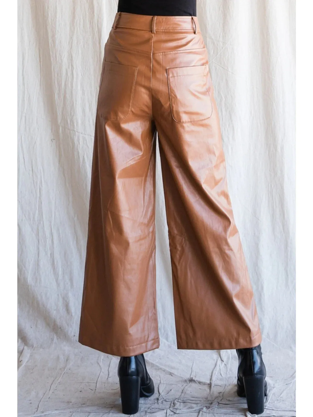 Camel faux leather wide leg pants