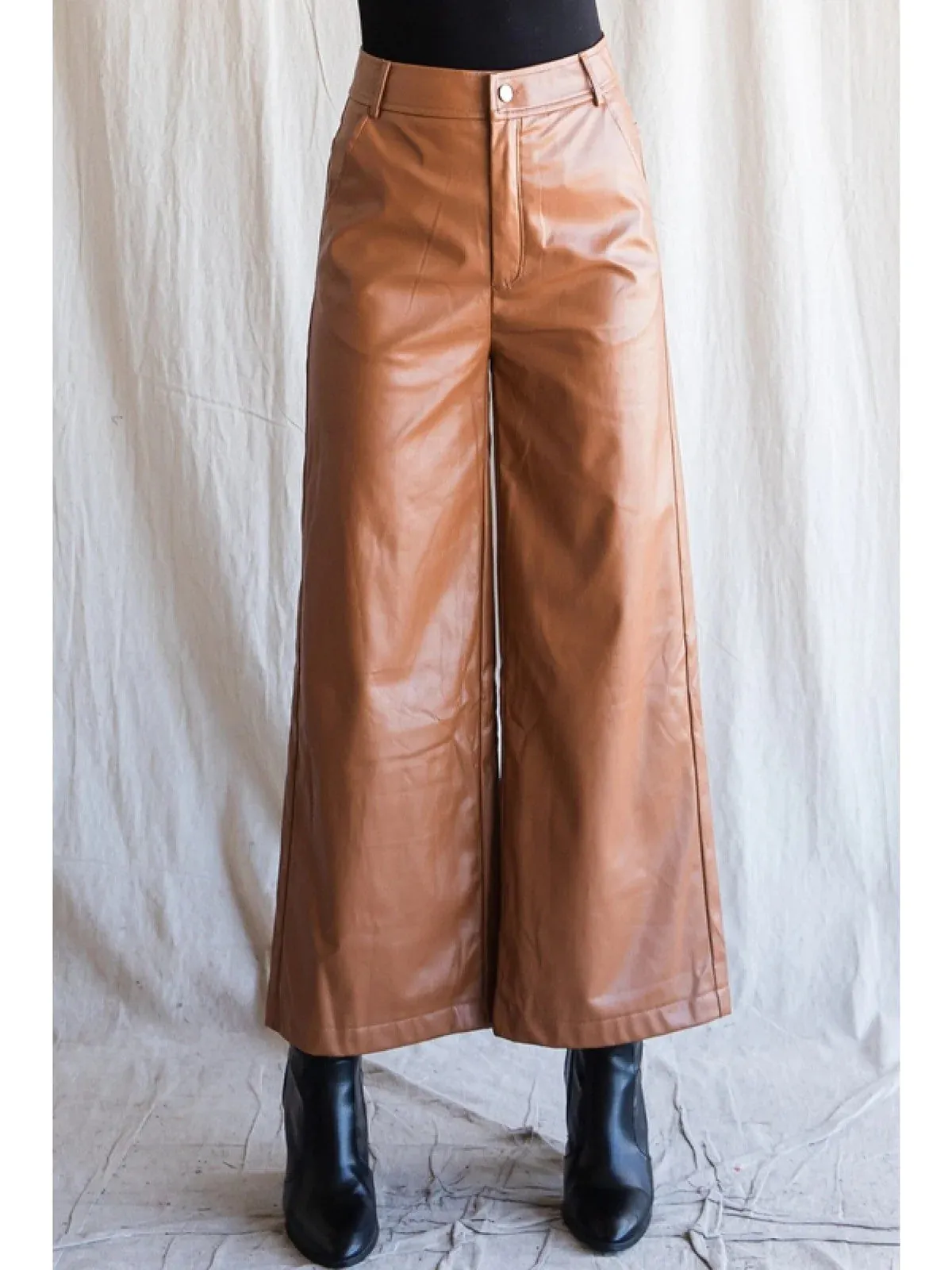 Camel faux leather wide leg pants