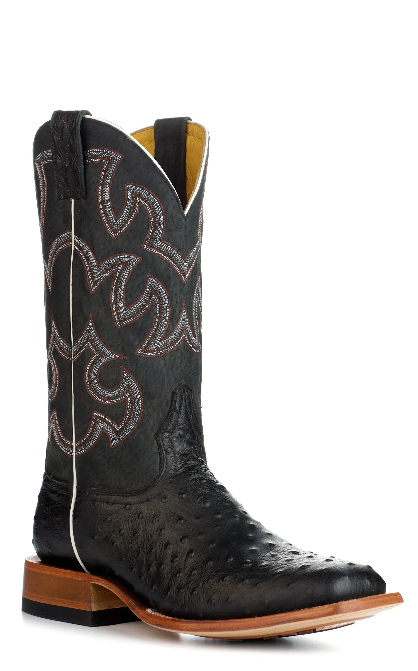 Cavender's Men's Endurance Black with Black Ostrich Print Foot Hybrid Wide Square Toe Cowboy Boots