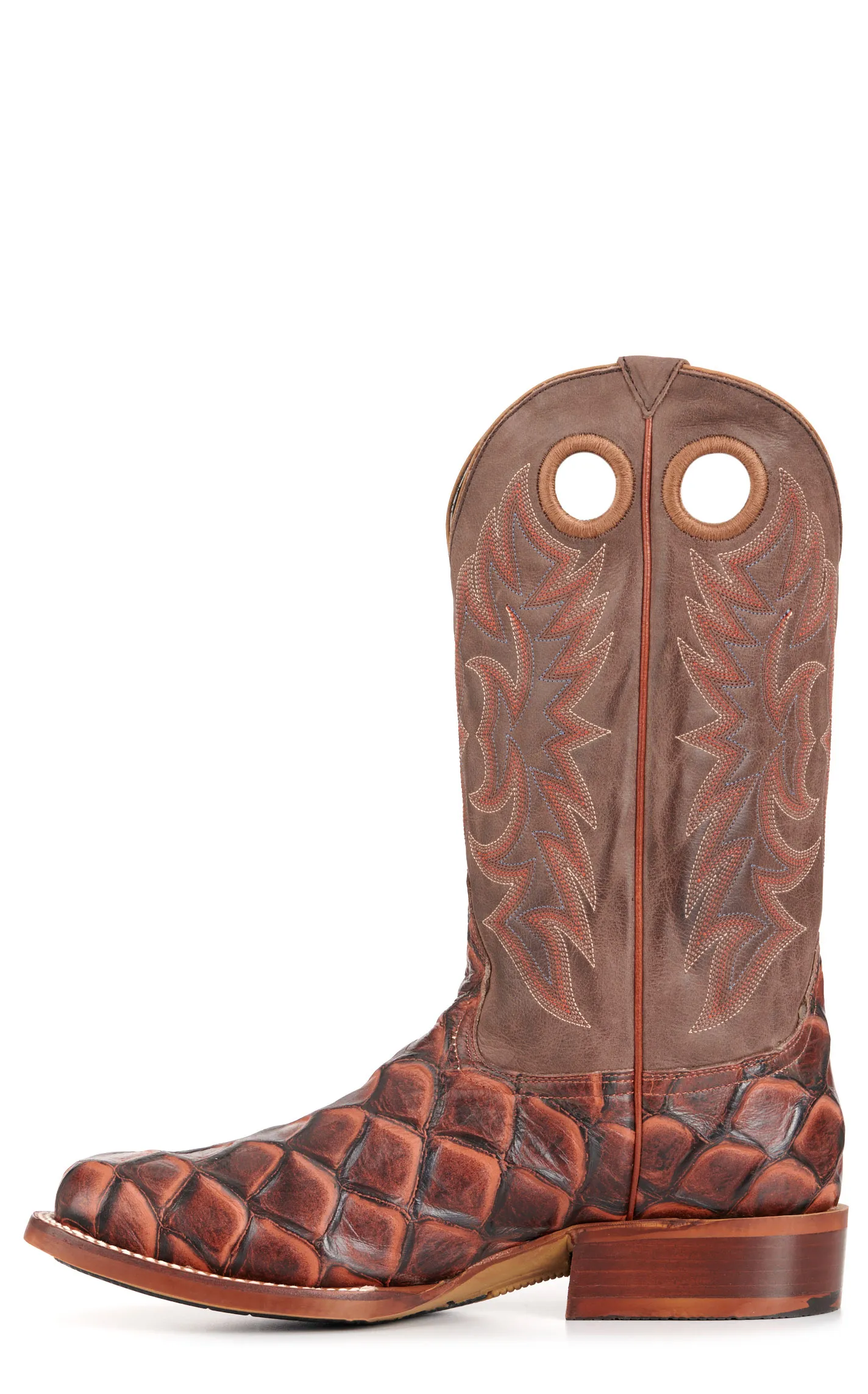 Cavender's Men's Intrepid Chocolate and Whisky Pirarucu Print Wide Square Toe Cowboy Boots