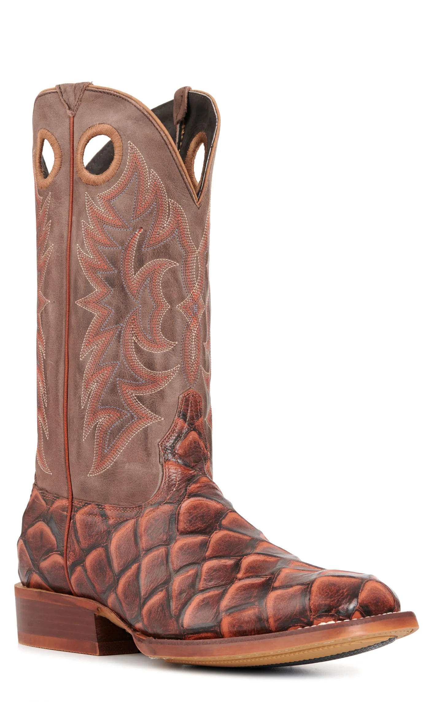 Cavender's Men's Intrepid Chocolate and Whisky Pirarucu Print Wide Square Toe Cowboy Boots