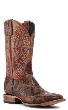 Cavender's Men's Rust and Cigar Caiman Patchwork Wide Square Toe Exotic Cowboy Boots