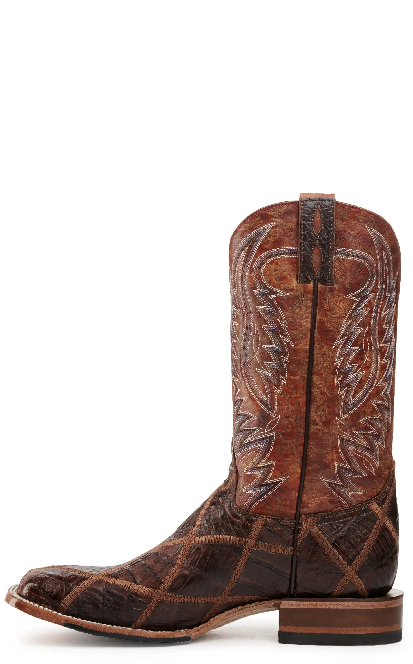 Cavender's Men's Rust and Cigar Caiman Patchwork Wide Square Toe Exotic Cowboy Boots