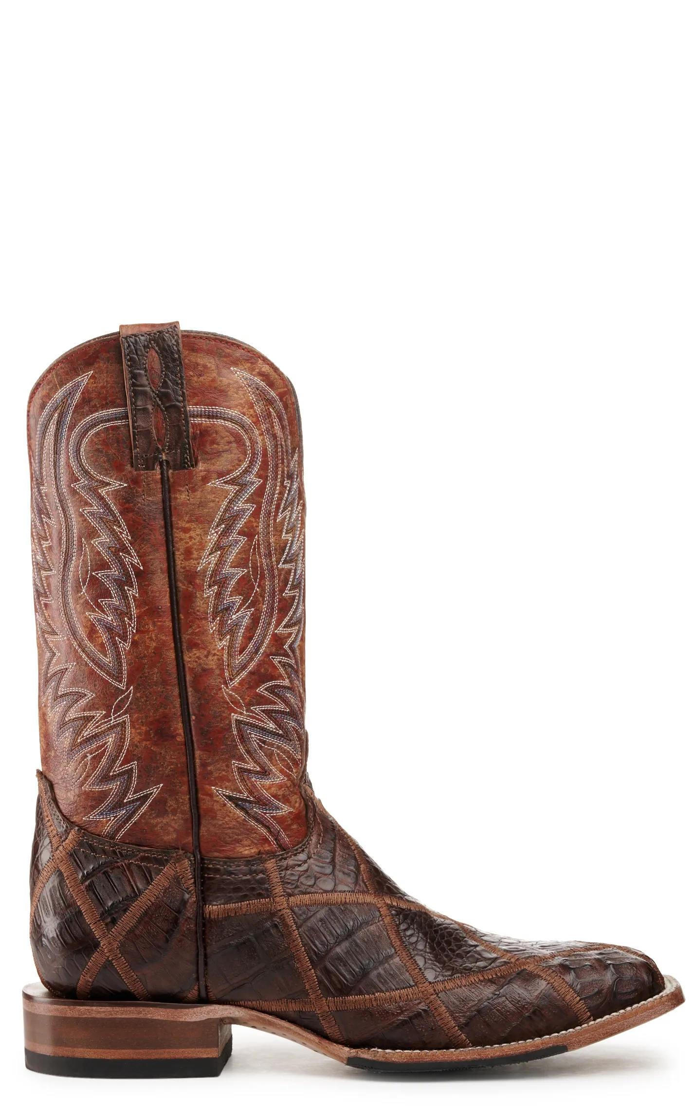 Cavender's Men's Rust and Cigar Caiman Patchwork Wide Square Toe Exotic Cowboy Boots