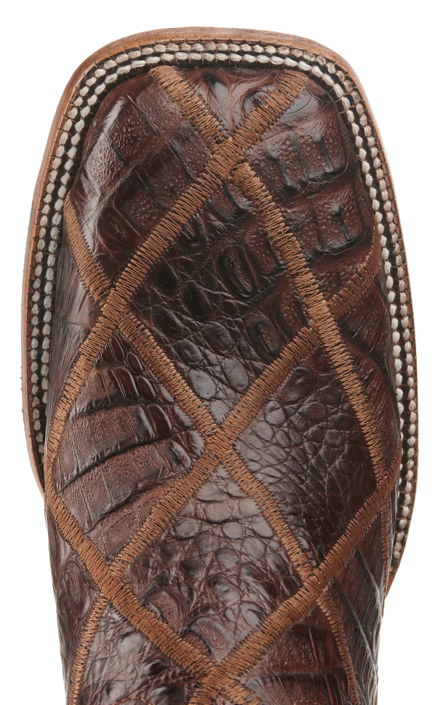 Cavender's Men's Rust and Cigar Caiman Patchwork Wide Square Toe Exotic Cowboy Boots