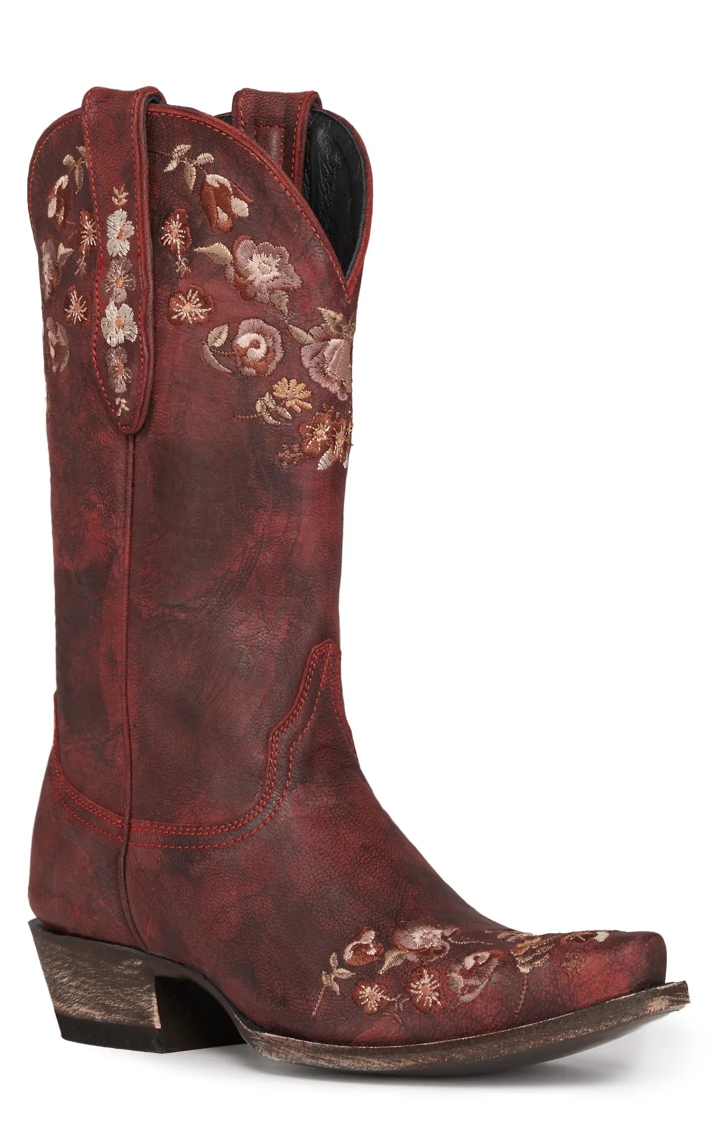 Cavender's Women's Rustic Rose Red with Floral Embroidery Snip Toe Cowboy Boots