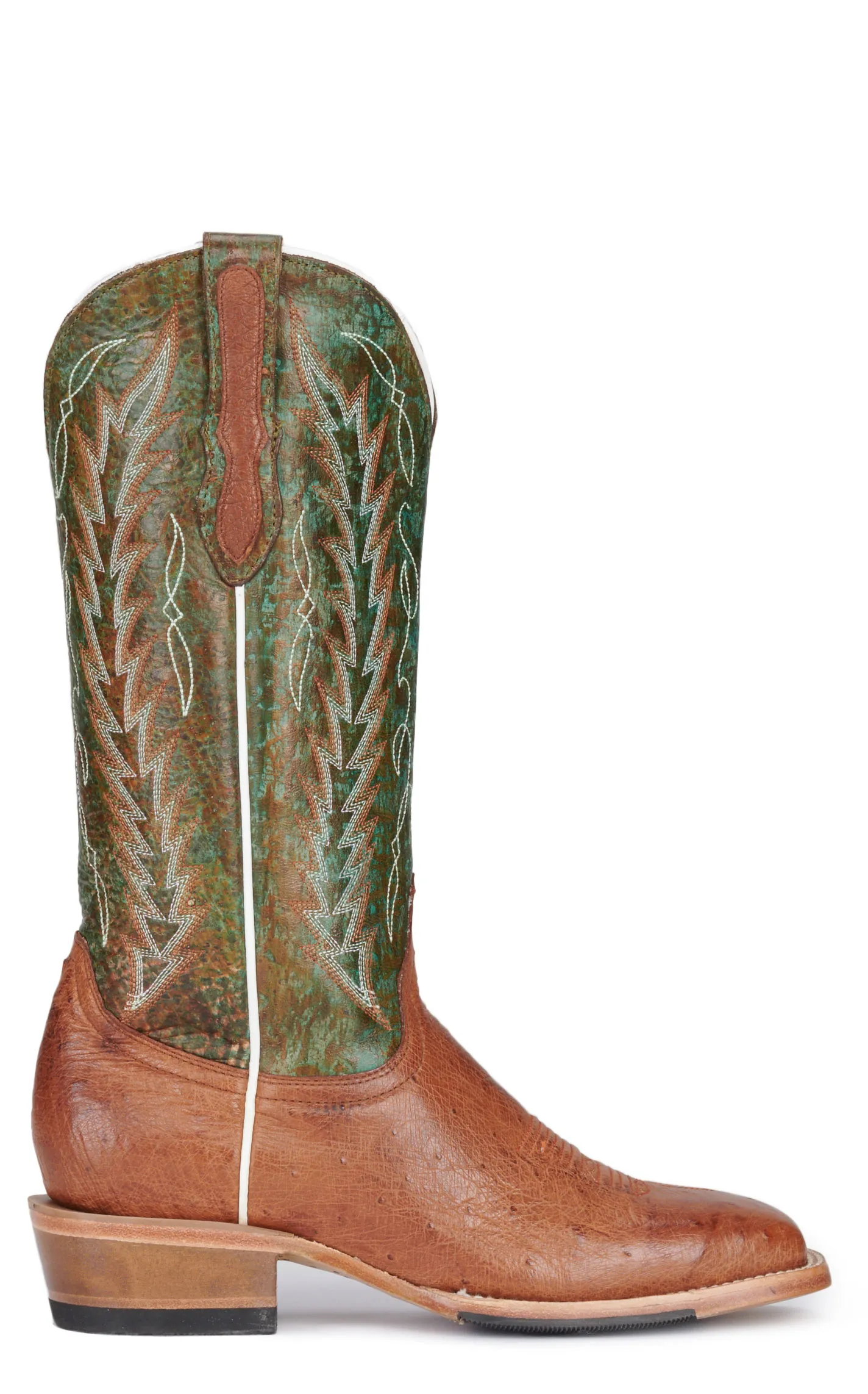 Cavender's Women's Turquoise Green and Cognac Smooth Quill Ostrich Square Toe Exotic Cowboy Boots