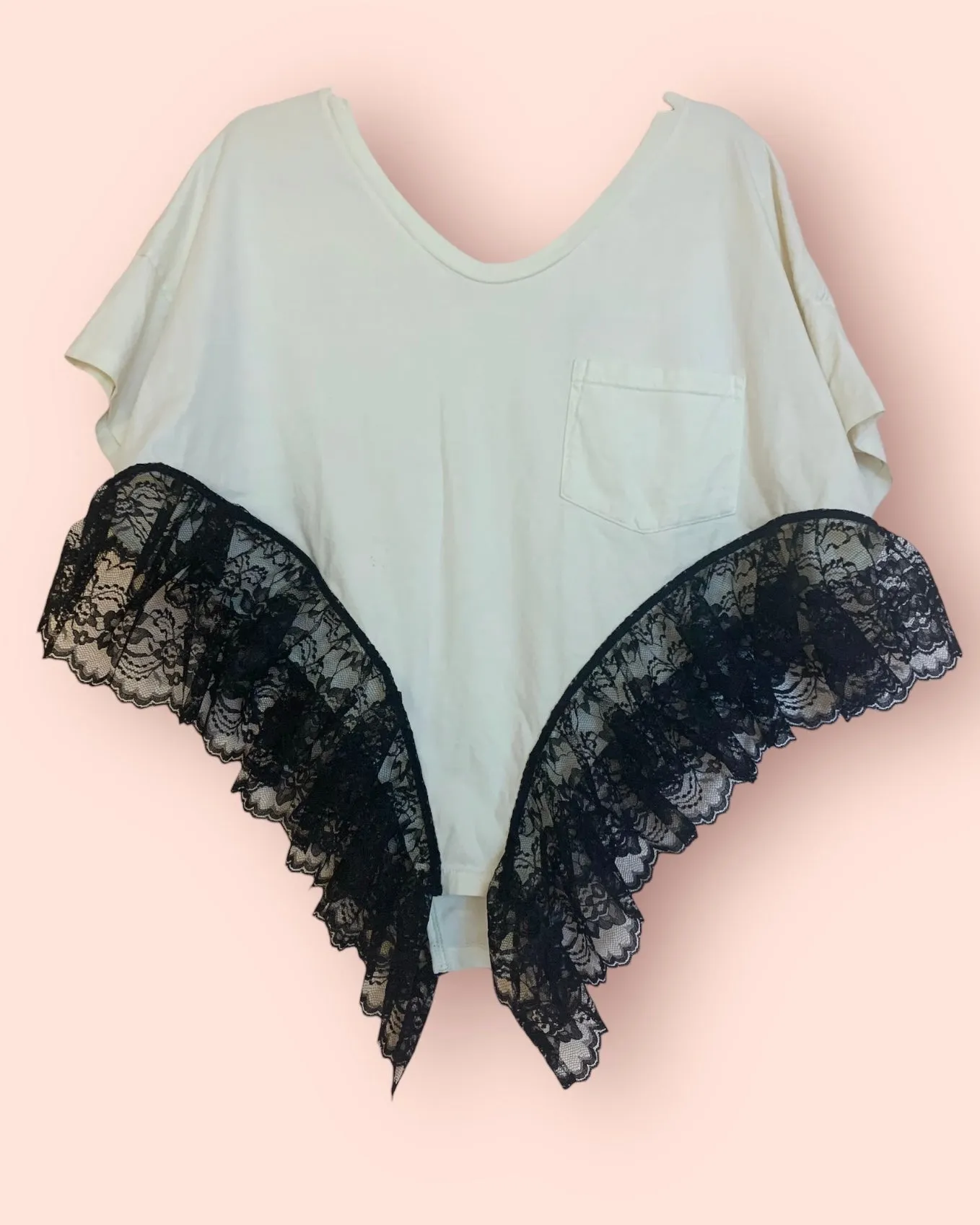 Cropped black lace negligee tee made from upcycled materials.