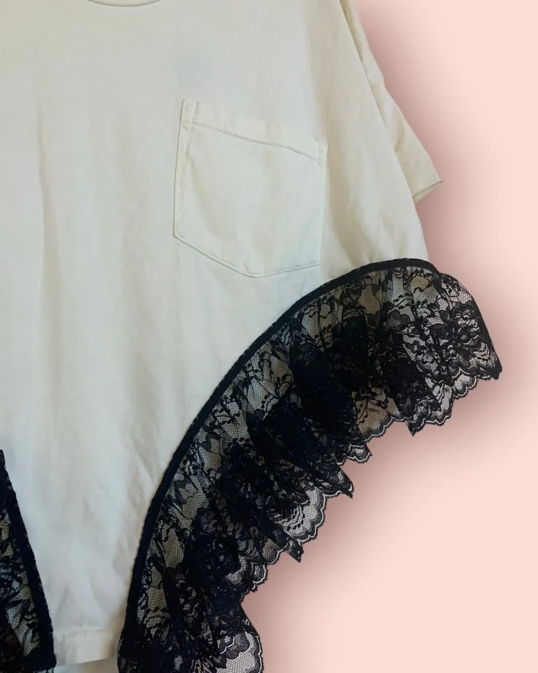 Cropped black lace negligee tee made from upcycled materials.