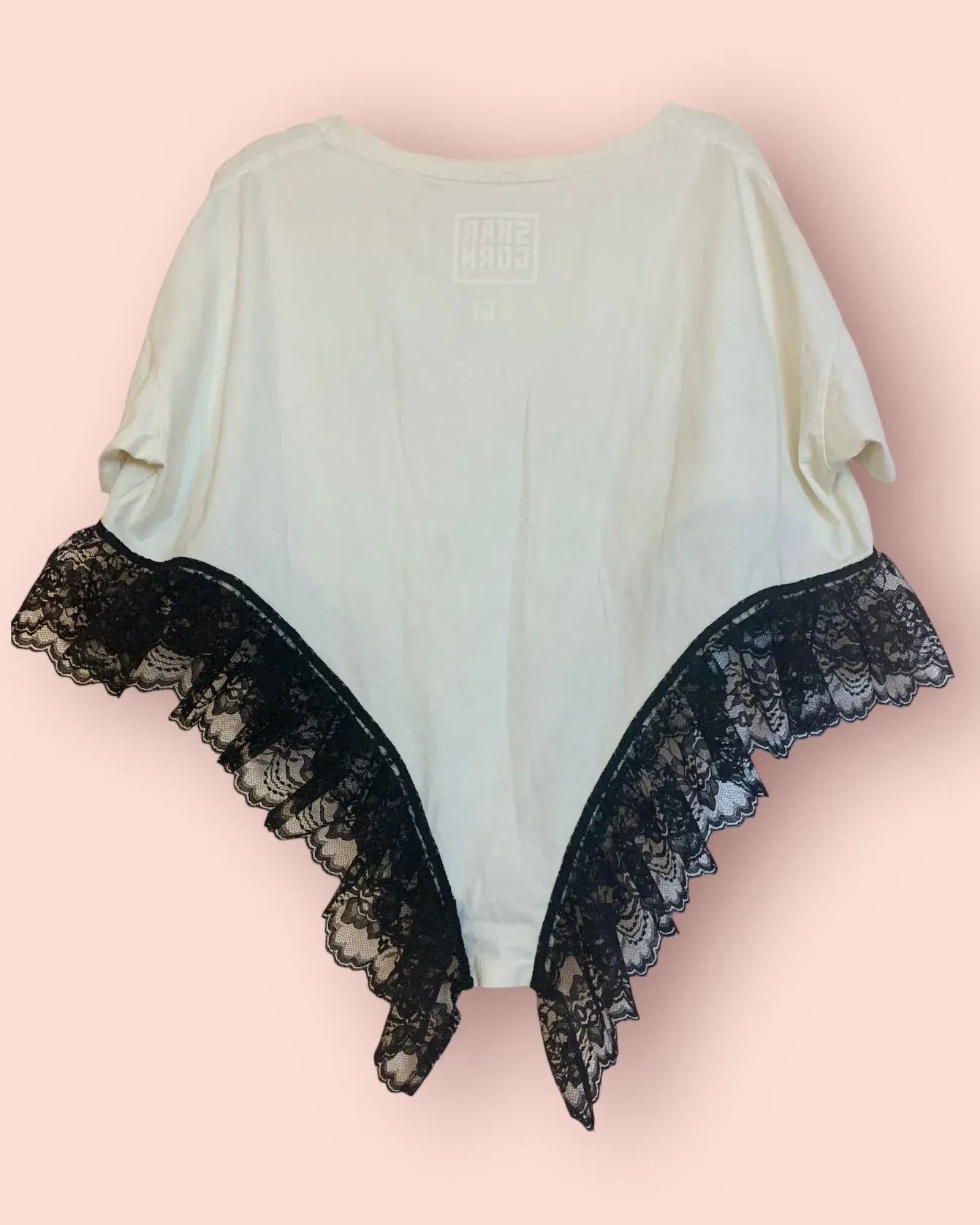 Cropped black lace negligee tee made from upcycled materials.