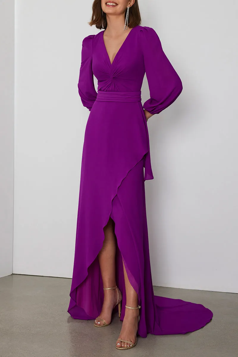 Elegant & Luxurious V-Neck Long Sleeve Ruffled With Train Cocktail Evening Dress QM3349