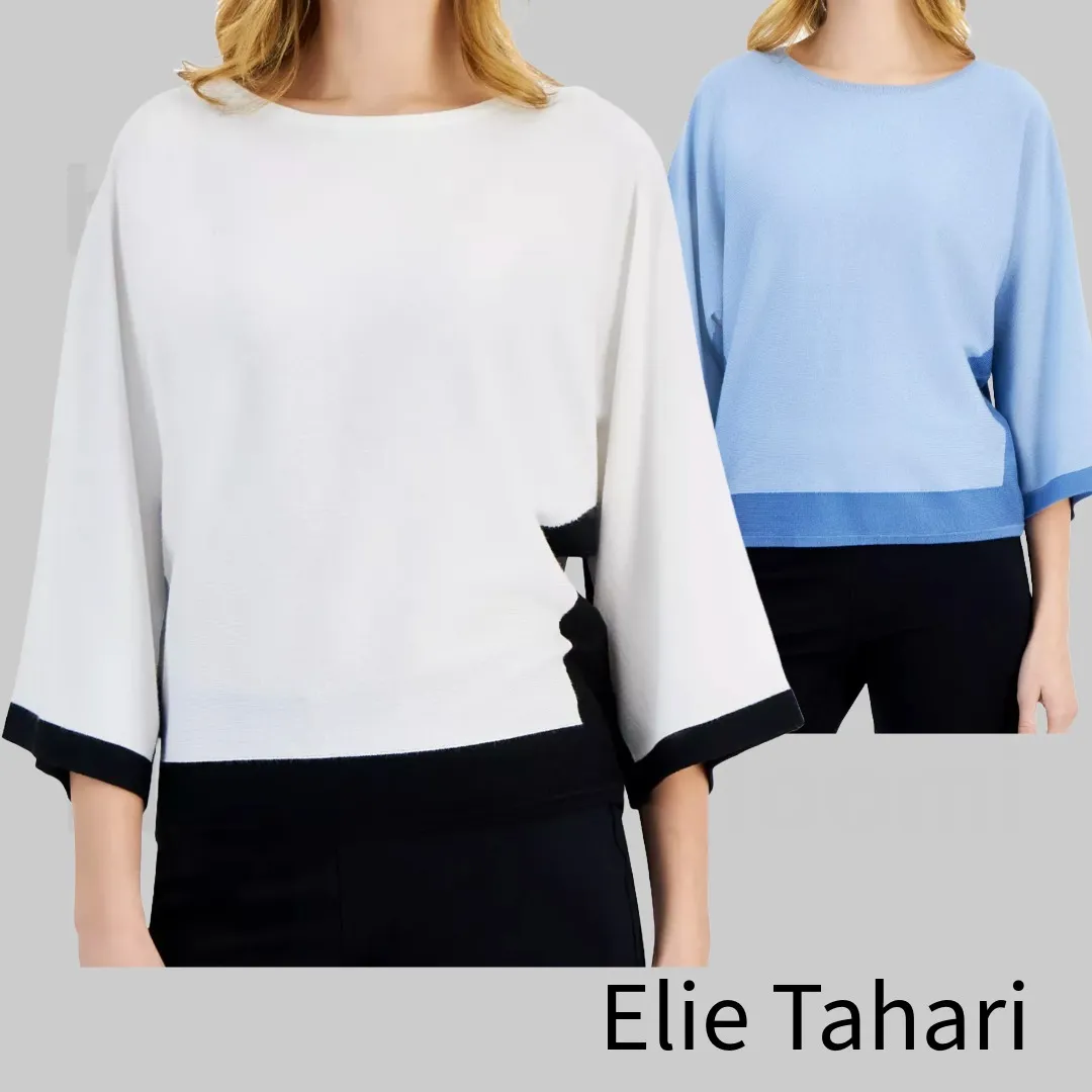 Elie Tahari | Boat Neck Bi-color Cropped Plain Office Style - Casual Fashion