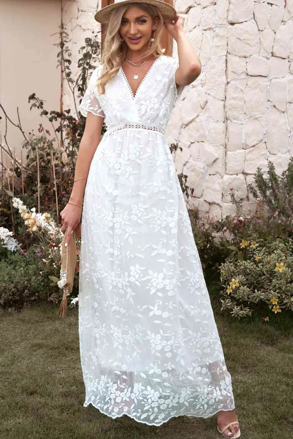 Embroidered Surplice Neck Maxi Dress