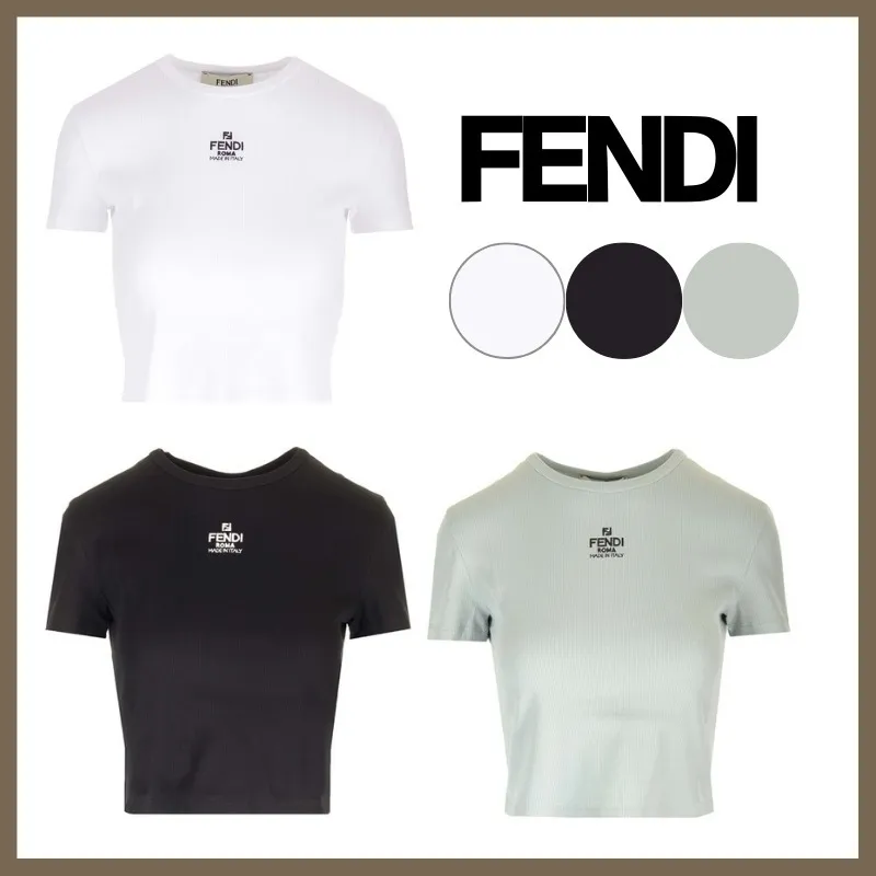 FENDI | Crew Neck Casual Rib Street Style Plain Cotton