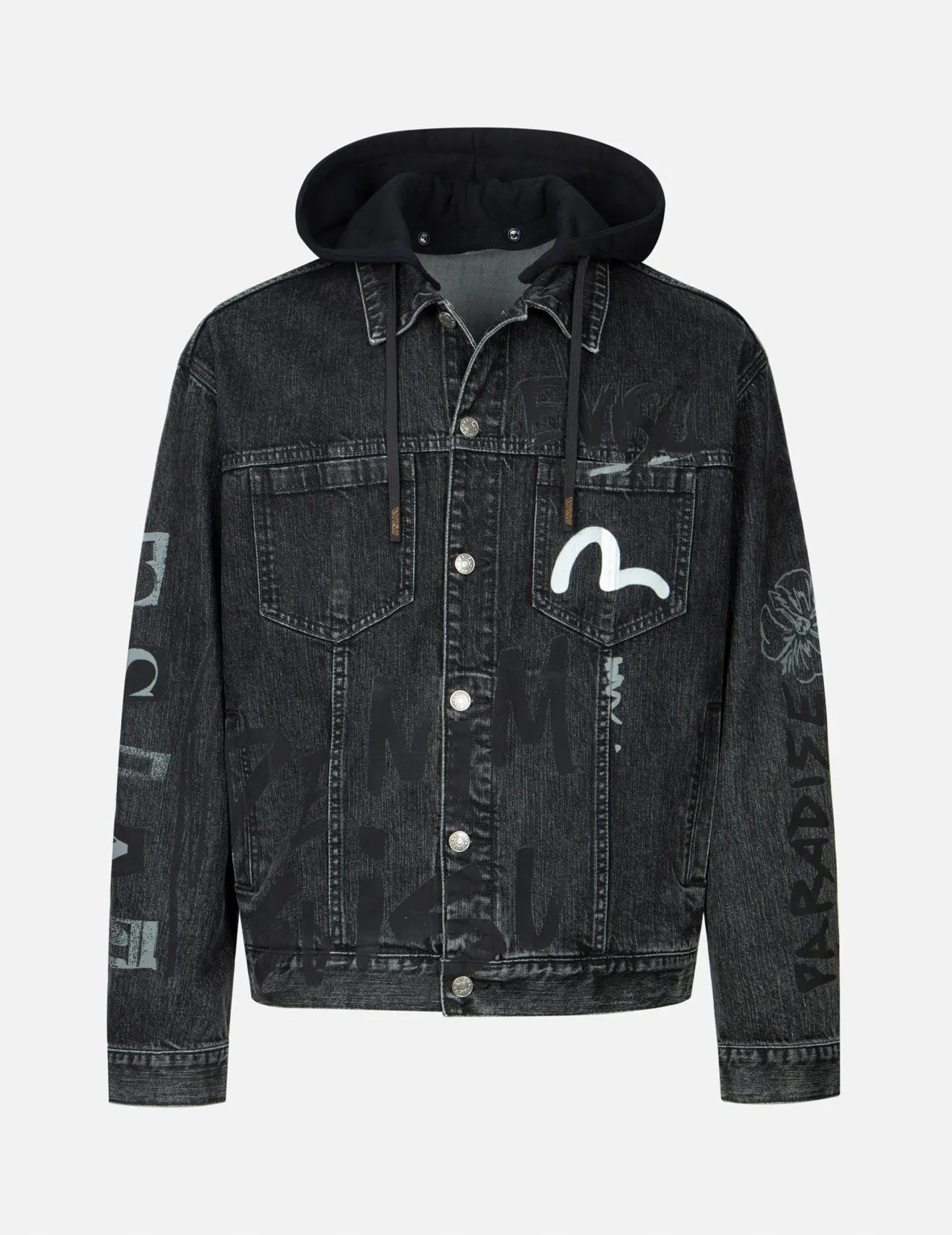 Graffiti Godhead Print Loose Fit Hooded Denim Jacket