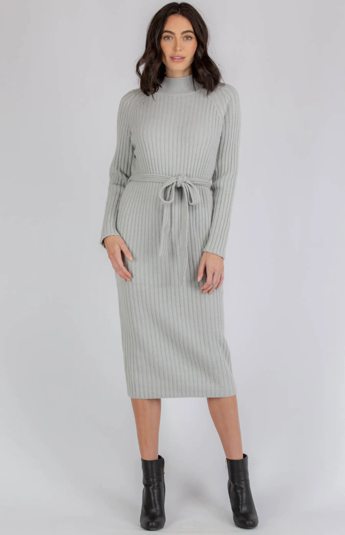 High Neck Heavyweight Knit Midi Dress with Belt (AKN810)