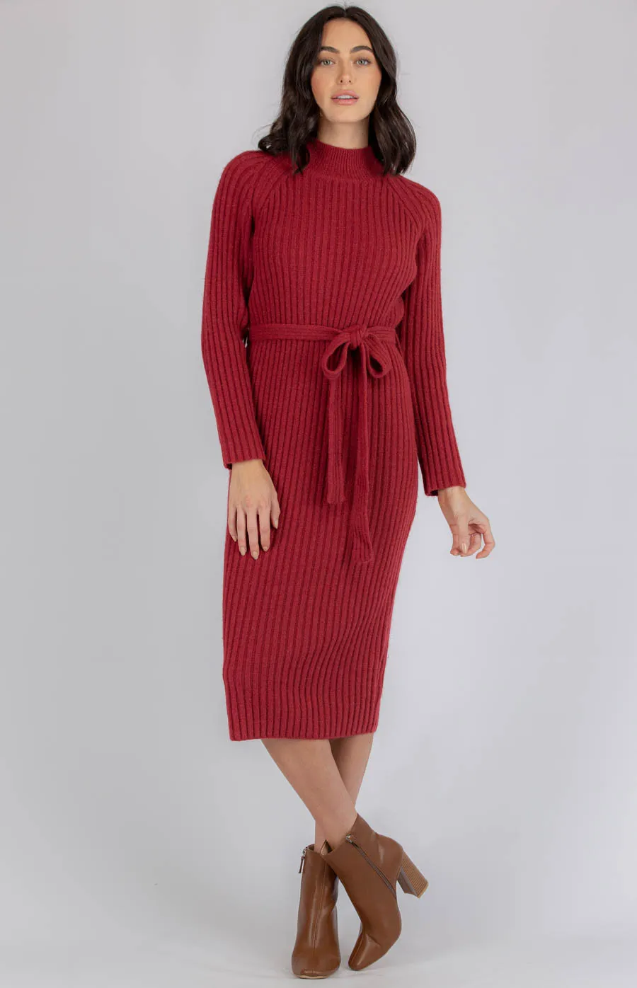 High Neck Heavyweight Knit Midi Dress with Belt (AKN810)