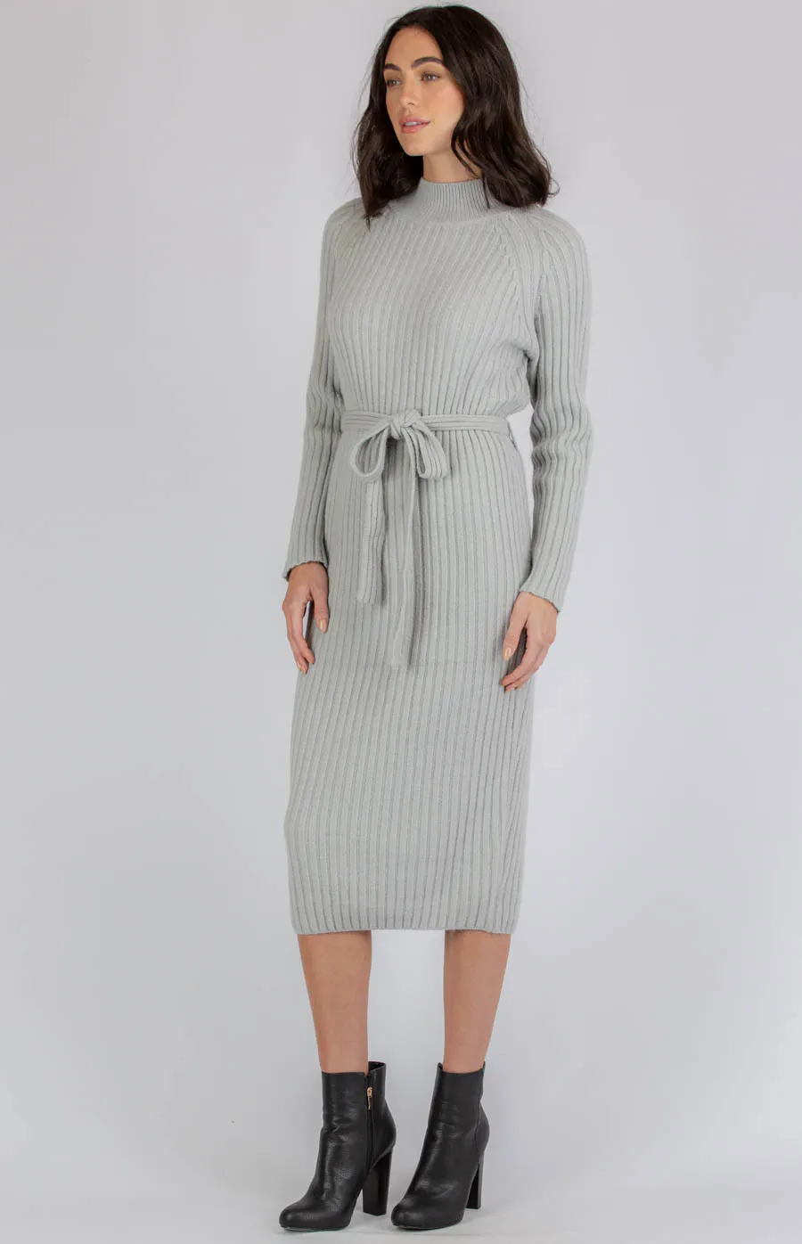 High Neck Heavyweight Knit Midi Dress with Belt (AKN810)