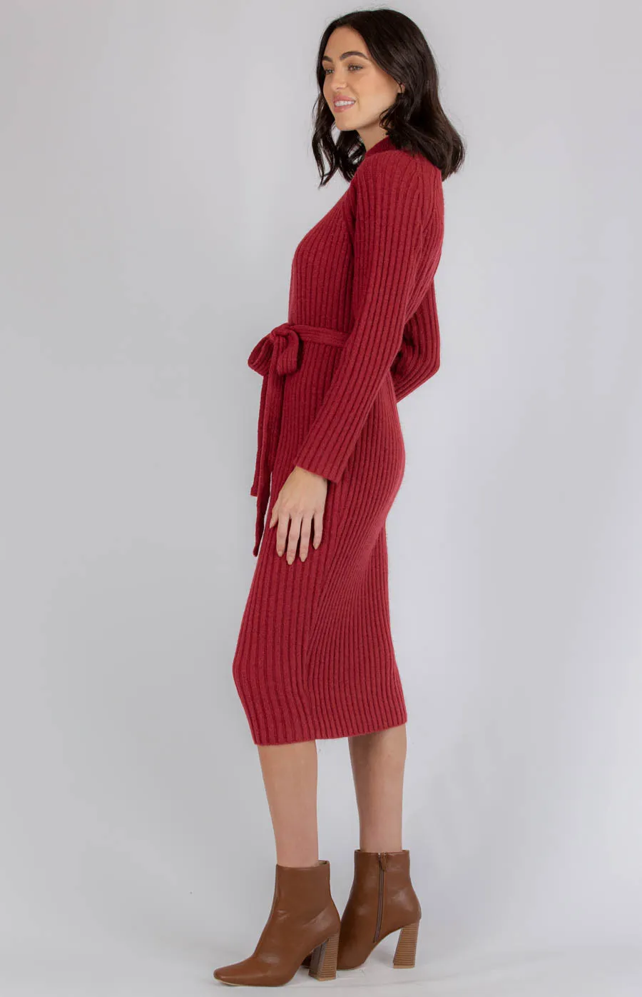 High Neck Heavyweight Knit Midi Dress with Belt (AKN810)