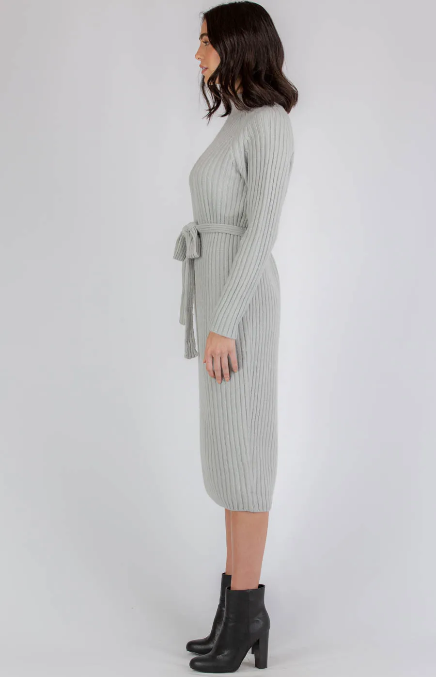 High Neck Heavyweight Knit Midi Dress with Belt (AKN810)