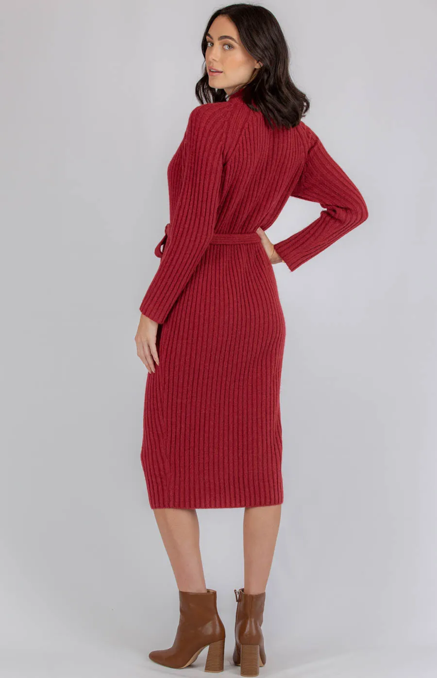 High Neck Heavyweight Knit Midi Dress with Belt (AKN810)