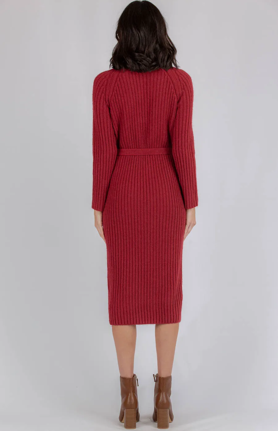 High Neck Heavyweight Knit Midi Dress with Belt (AKN810)