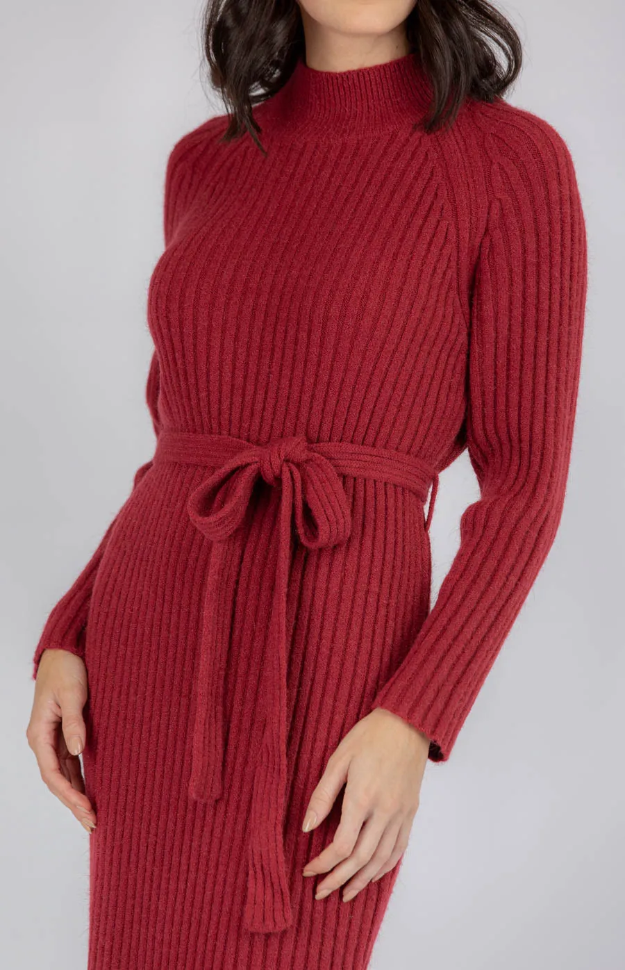 High Neck Heavyweight Knit Midi Dress with Belt (AKN810)