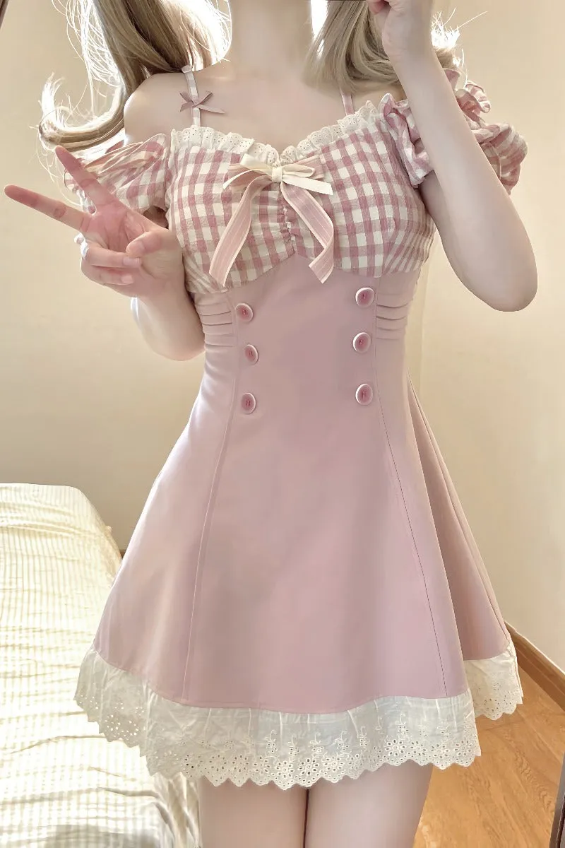 Kawaii Pink Dreamy Checkered Top Lace Dress ON932