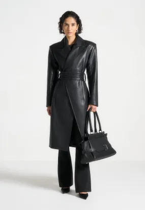 Leather Asymmetric Belted Coat - Black