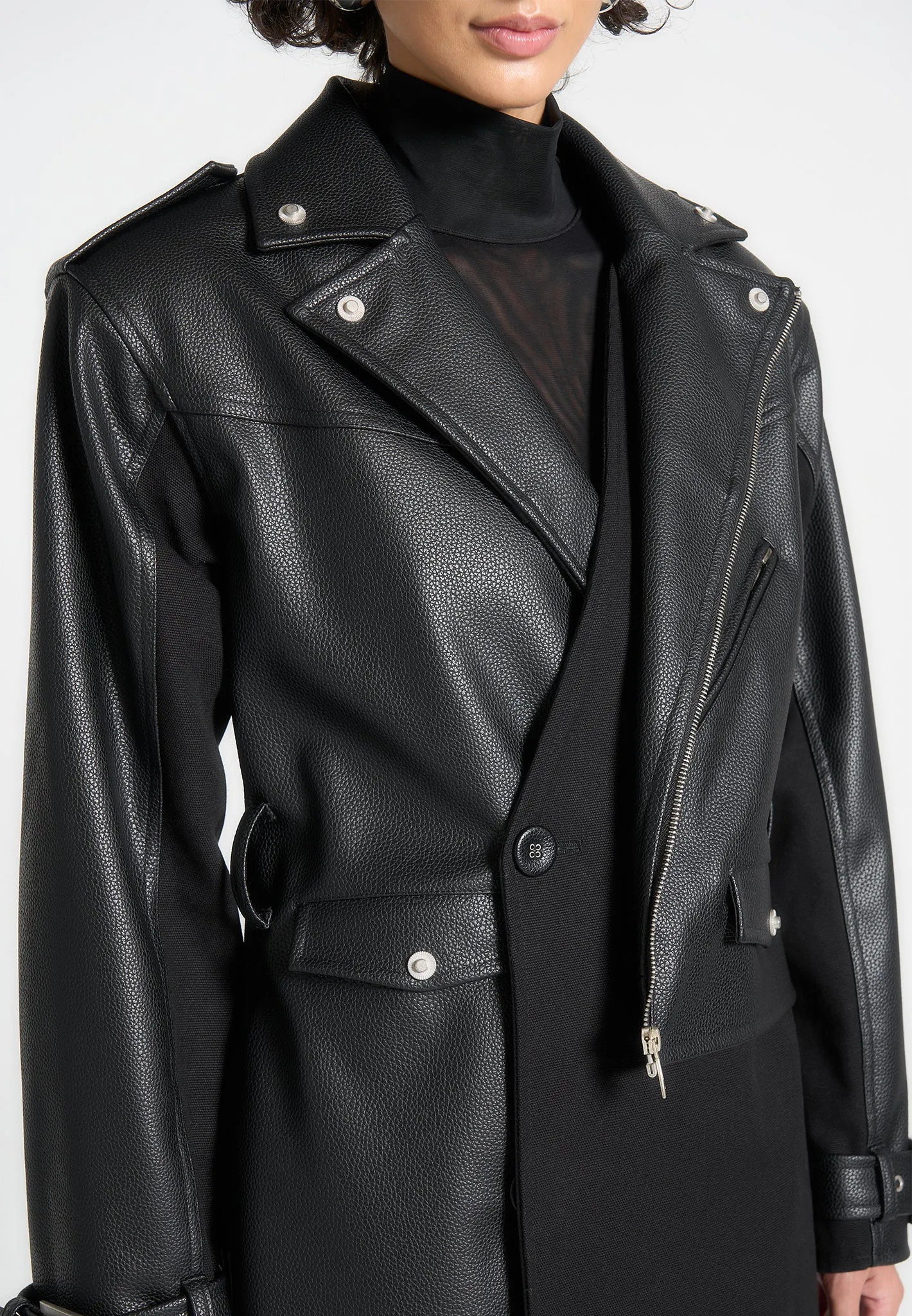 Leather Biker Trench Coat - Black